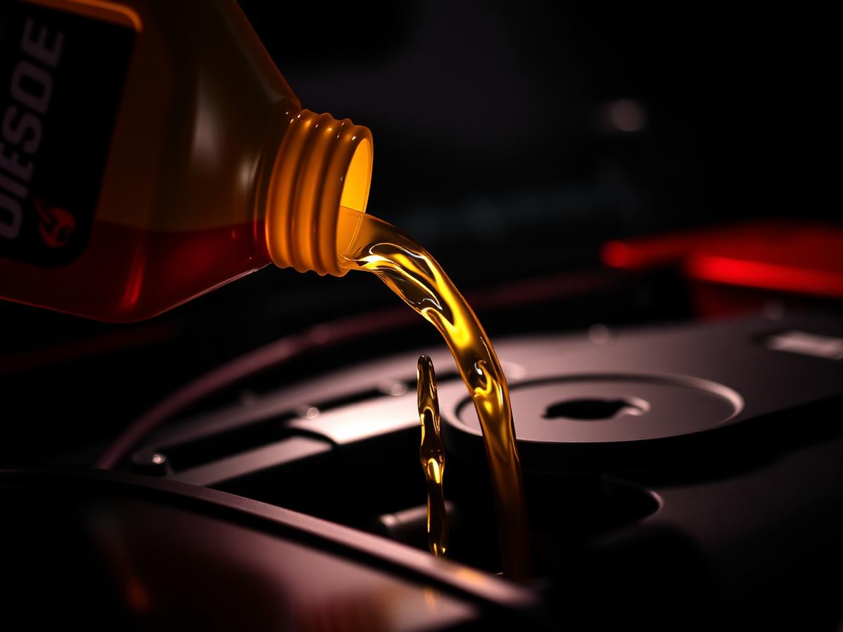 Fresh motor oil being poured into engine